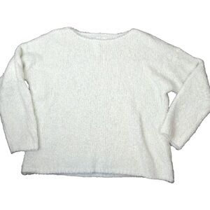 Lou &‎ Grey Boxy Soft Fuzzy Round Neck White Pullover Long Sleeve Sweater, Large